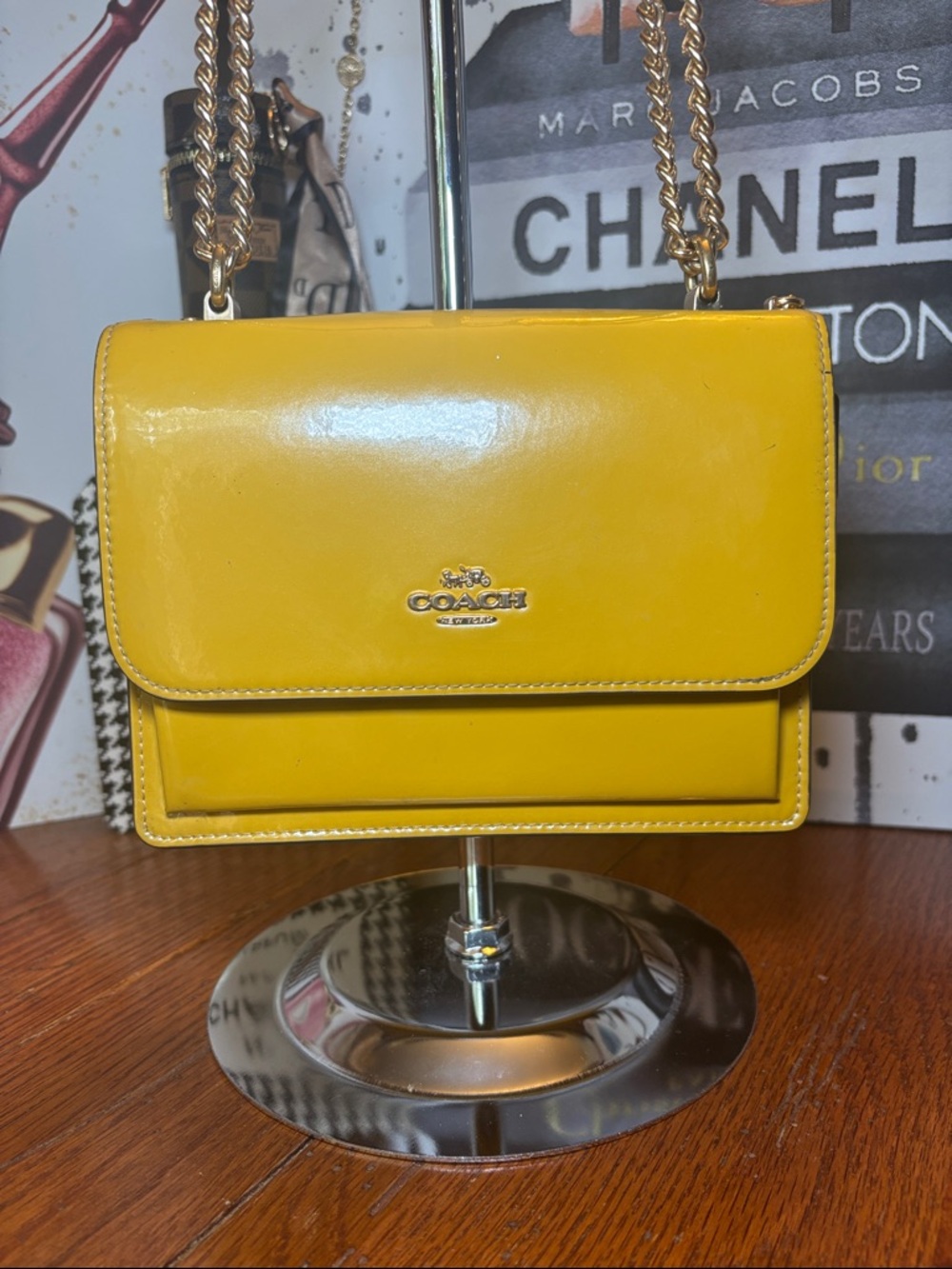Coach Patent Leather Chain Crossbody Bag CT865 Mustard Yellow